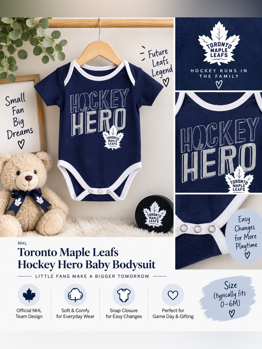 Toronto Maple Leafs Baby Hockey Hero NHL Bodysuit Navy Blue